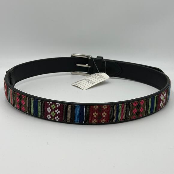 NWT Black Leather Multicolor Cotton Fabric Inlay Silvertone Metal Buckle Belt M - Picture 8 of 12
